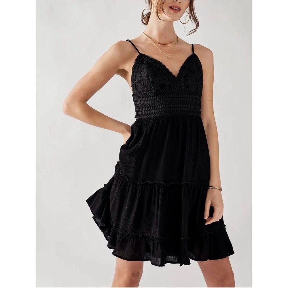 Black Mini Dress Tie Back Feminine Going Out Large Stretchy